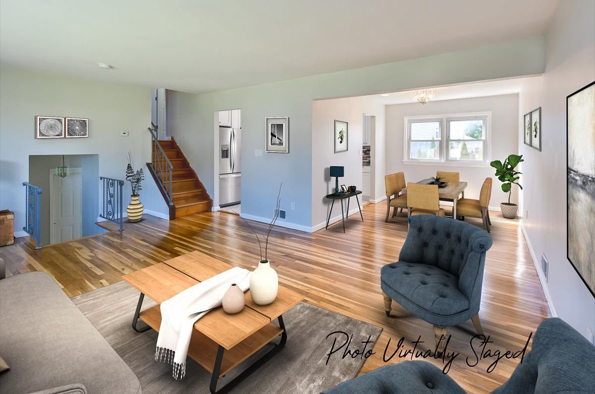 Same room (Living room / Dining room) but virtually staged by a Fords real estate photographer