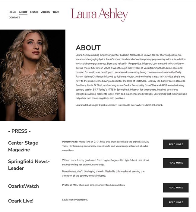 Página Sobre mim da cantora Laura Ashley