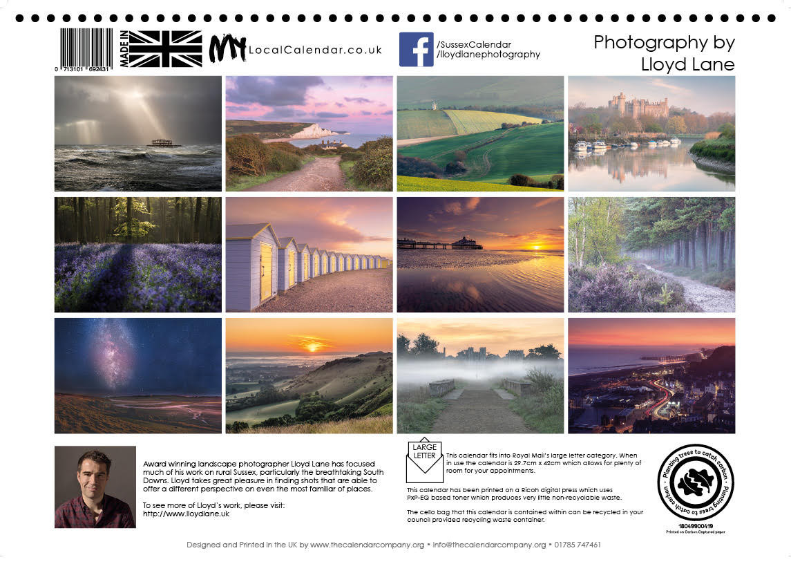 Sussex Calendar 2024 - Back Page with a selection of Sussex Landscapes