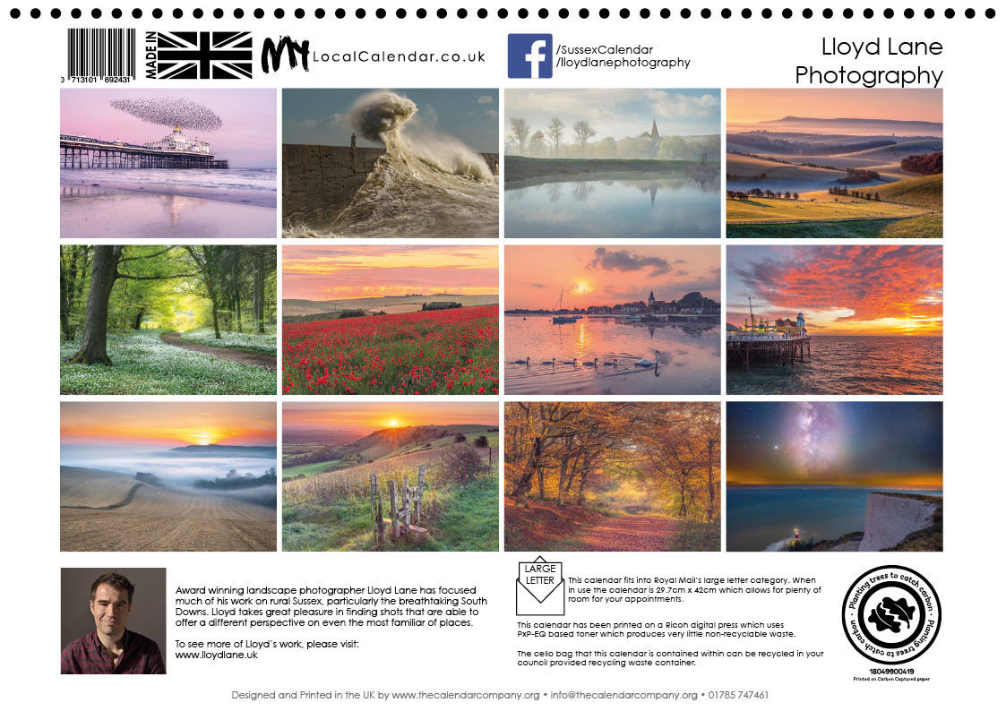 Sussex Calendar 2025 - Back Page with a selection of Sussex Landscapes