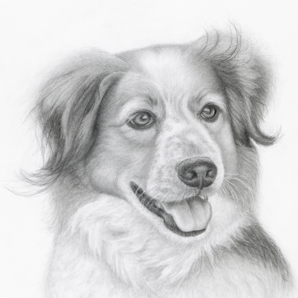 Pencil portrait of mixed breed dog smiling