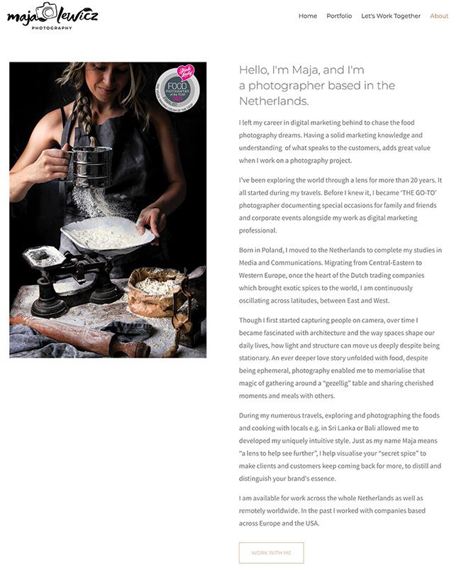 Página sobre mí de la fotógrafa de comida polaca Maja Lewicz