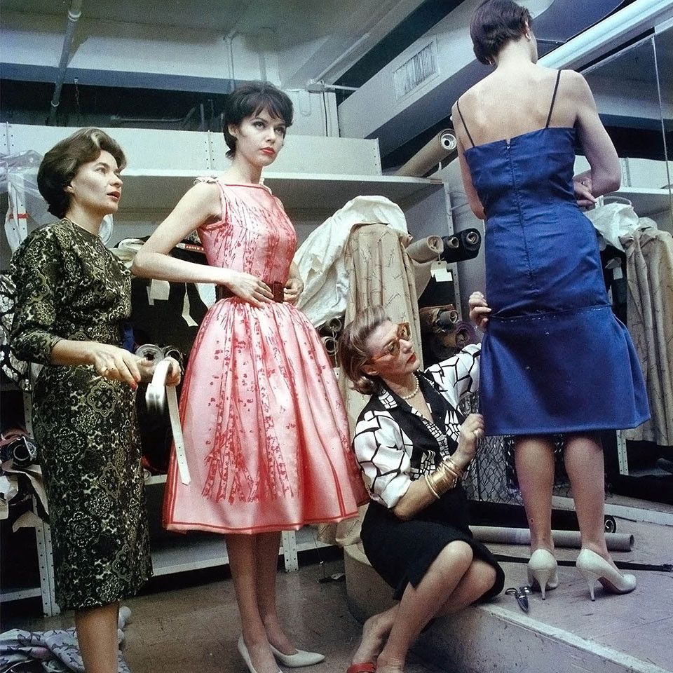 Pauline Trigère fitting dresses in 1962.