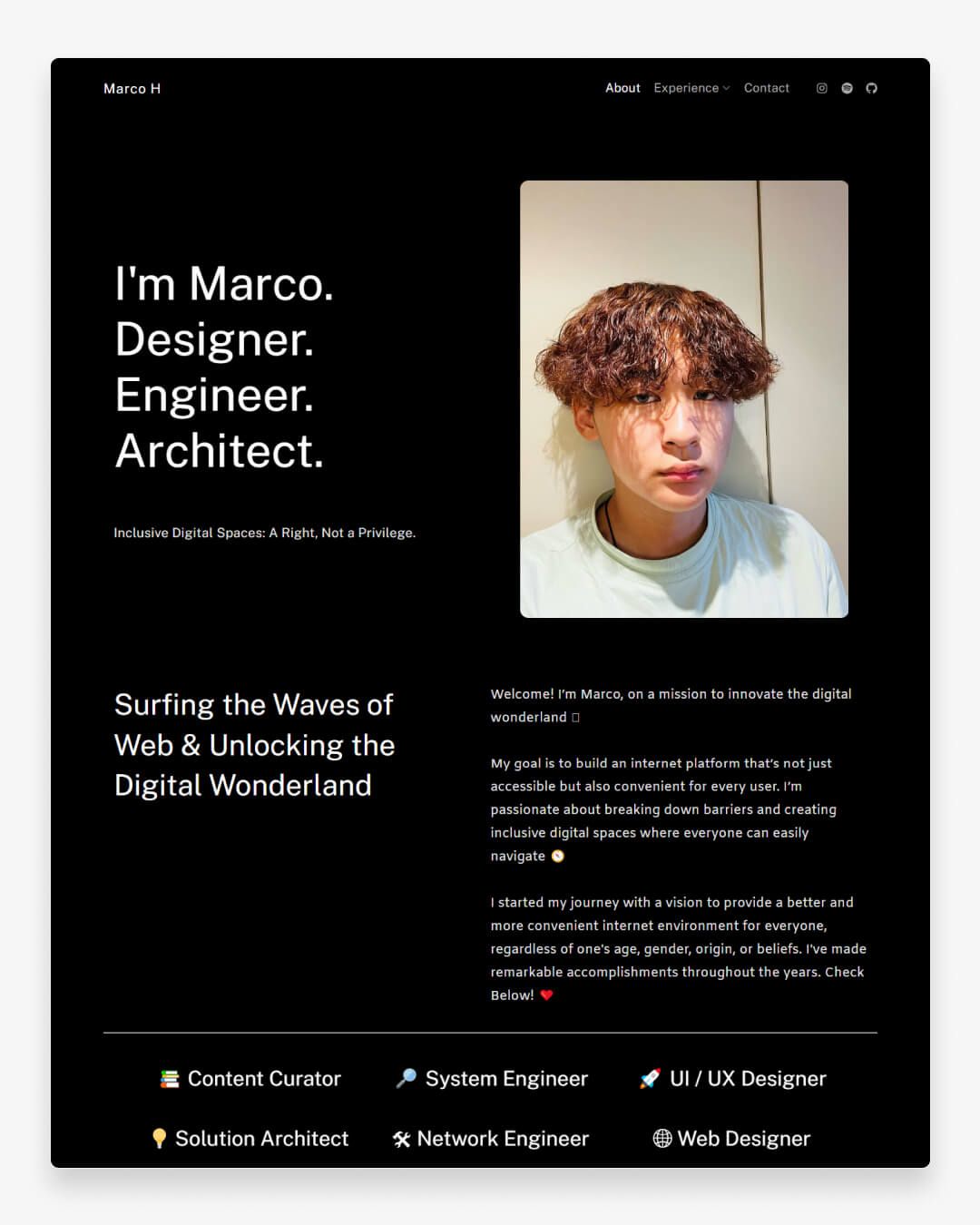 Marco H Black Themed Designer portfolio