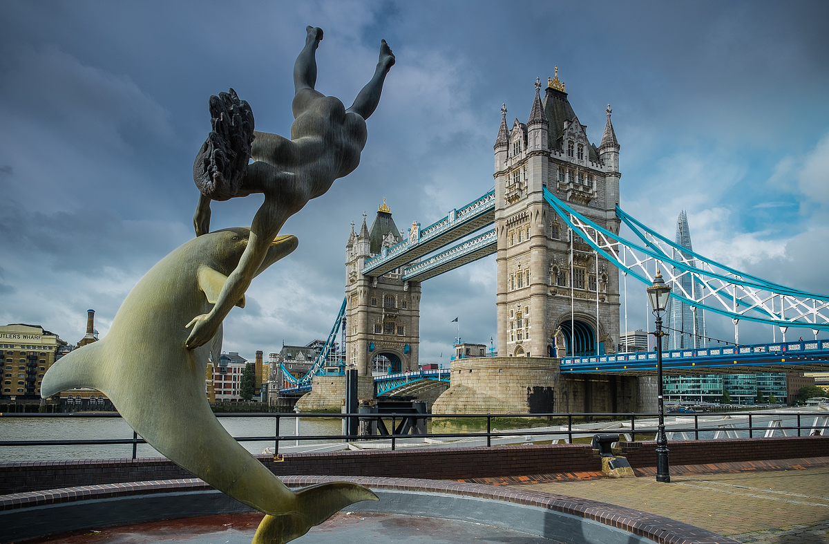 The Dolphin Statue and Tower Bridge London
