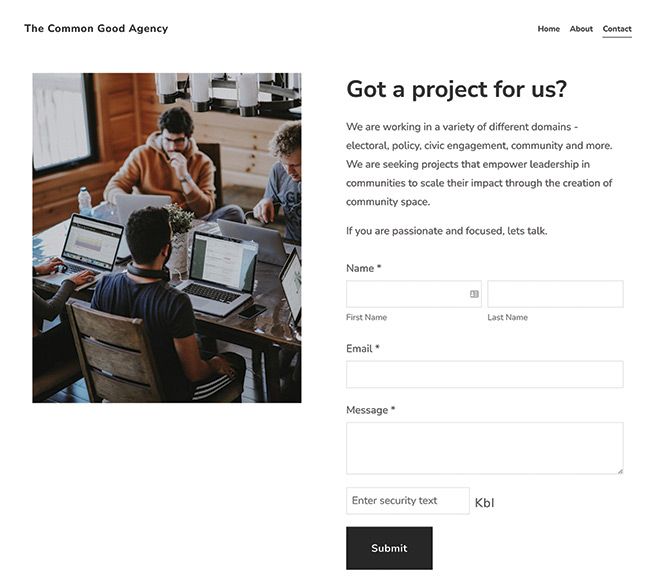 The Common Good Agency Contact page