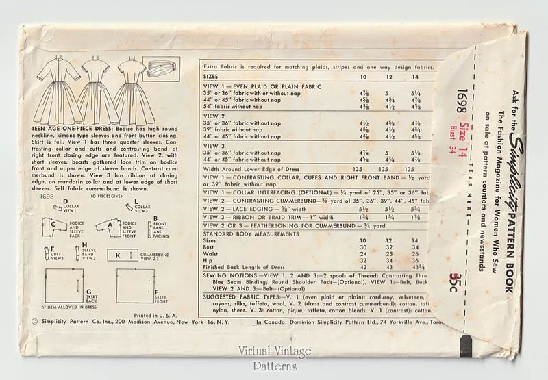 1950s Full Skirt Dress Pattern, Simplicity 1698, Bust 34