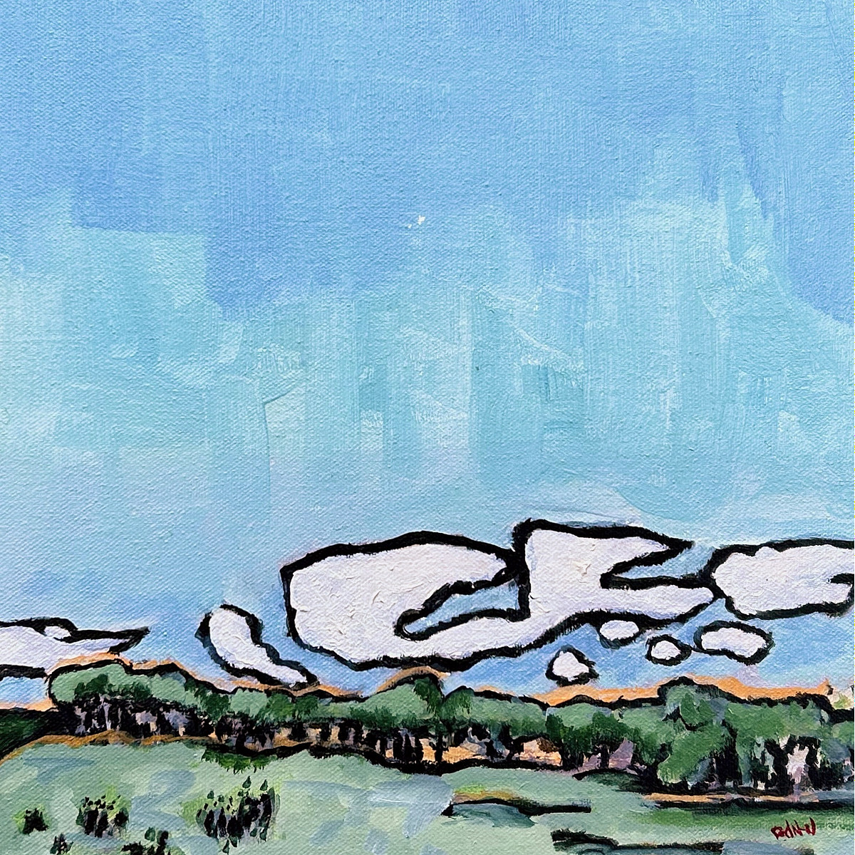 A 12x12 oil painting titled Wisconsin in the Summer depicting a landscape with a bright blue sky, abstract clouds outlined in black, and a row of green trees typical of Wisconsin.