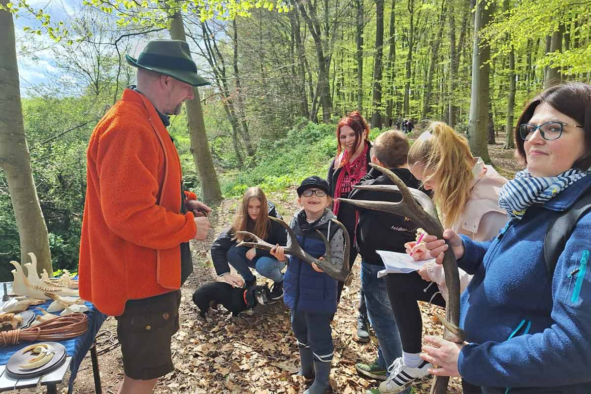 Förster erklärt den Teilnehmern verschiedene Baumarten im Wald.