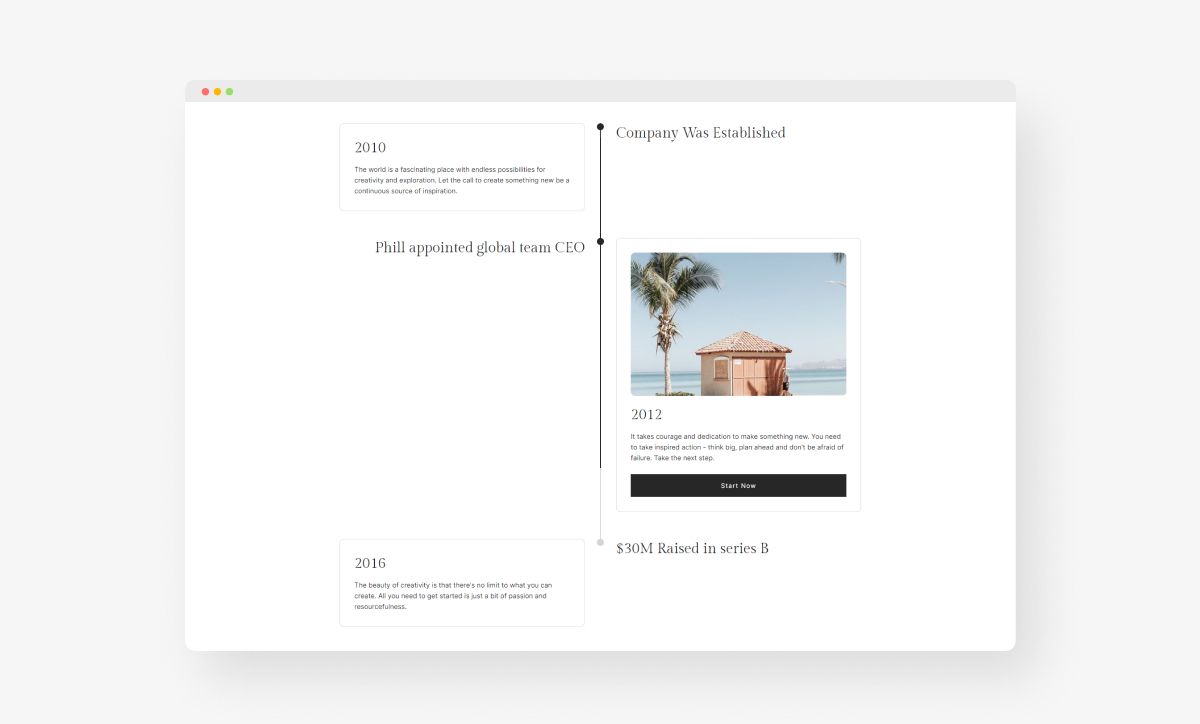 Display projects using timeline layouts in page builder