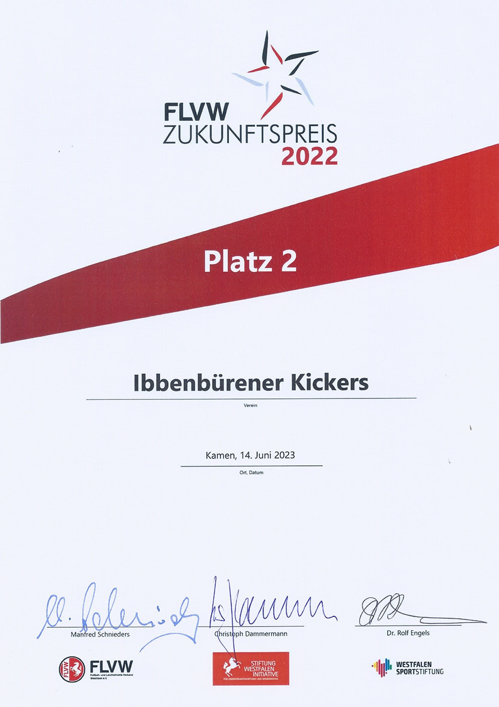 Abbildung zeigt: FLVW Zukunftspreis 2022: Urkunde für die Ibbenbürener Kickers