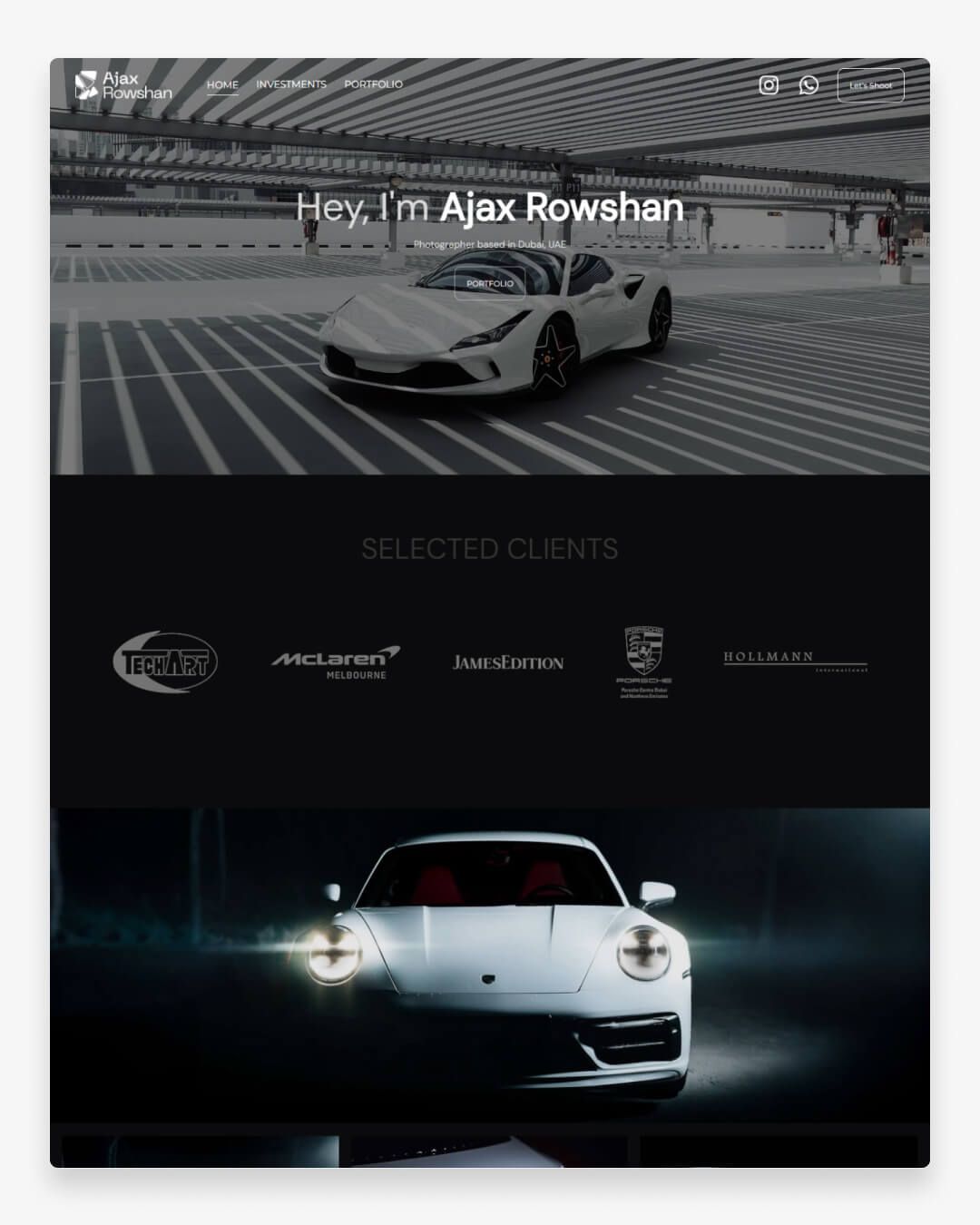 Site do portfólio Ajax Rowshan com imagens de carros