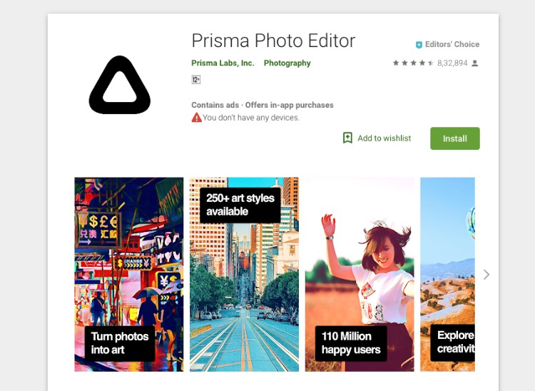 Aplicativo de edição de fotos Prisma
