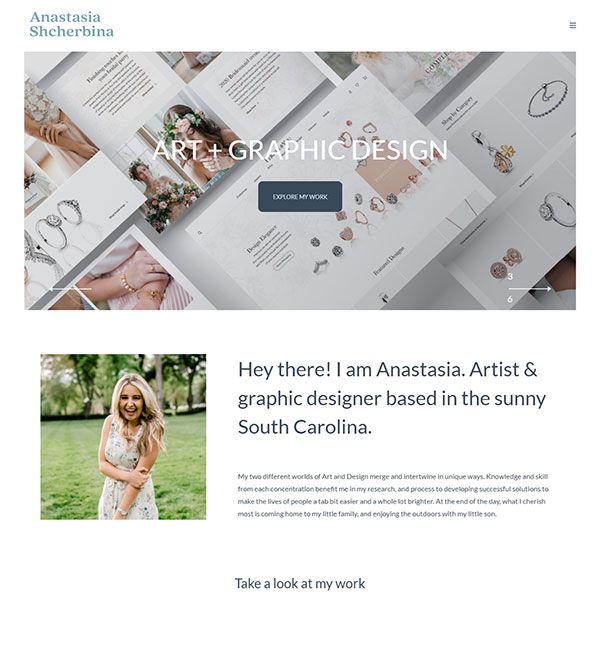 Anastasia Shcherbina - Sitio web de portafolio de artistas y diseñadores gráficos construido sobre Pixpa
