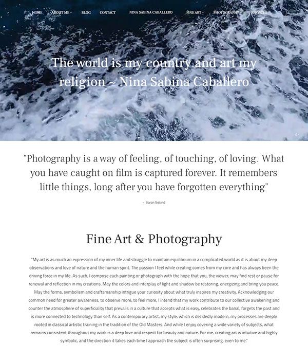 Nina Sabina - Fine art, sito web di fotografia costruito su Pixpa