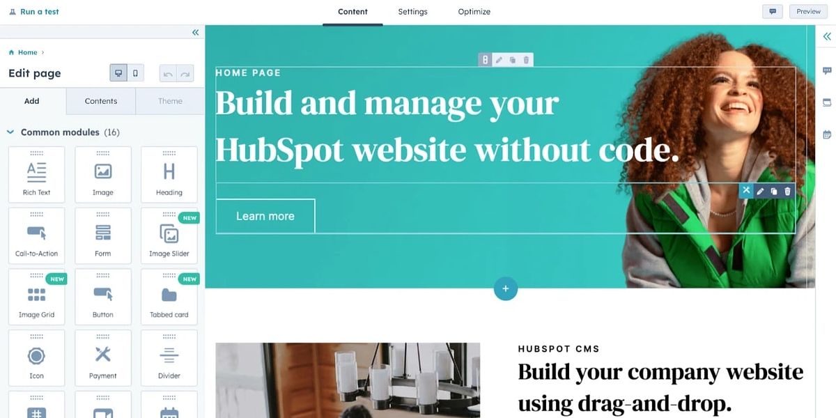 HubSpot oferece um construtor de sites gratuito de arrastar e soltar como alternativa ao Wix