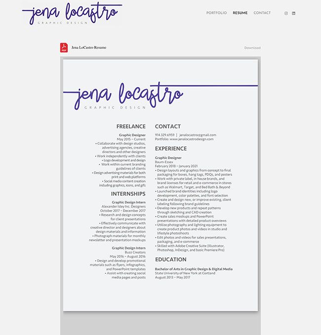 Site de currículo de designer gráfico de Jena Locastro