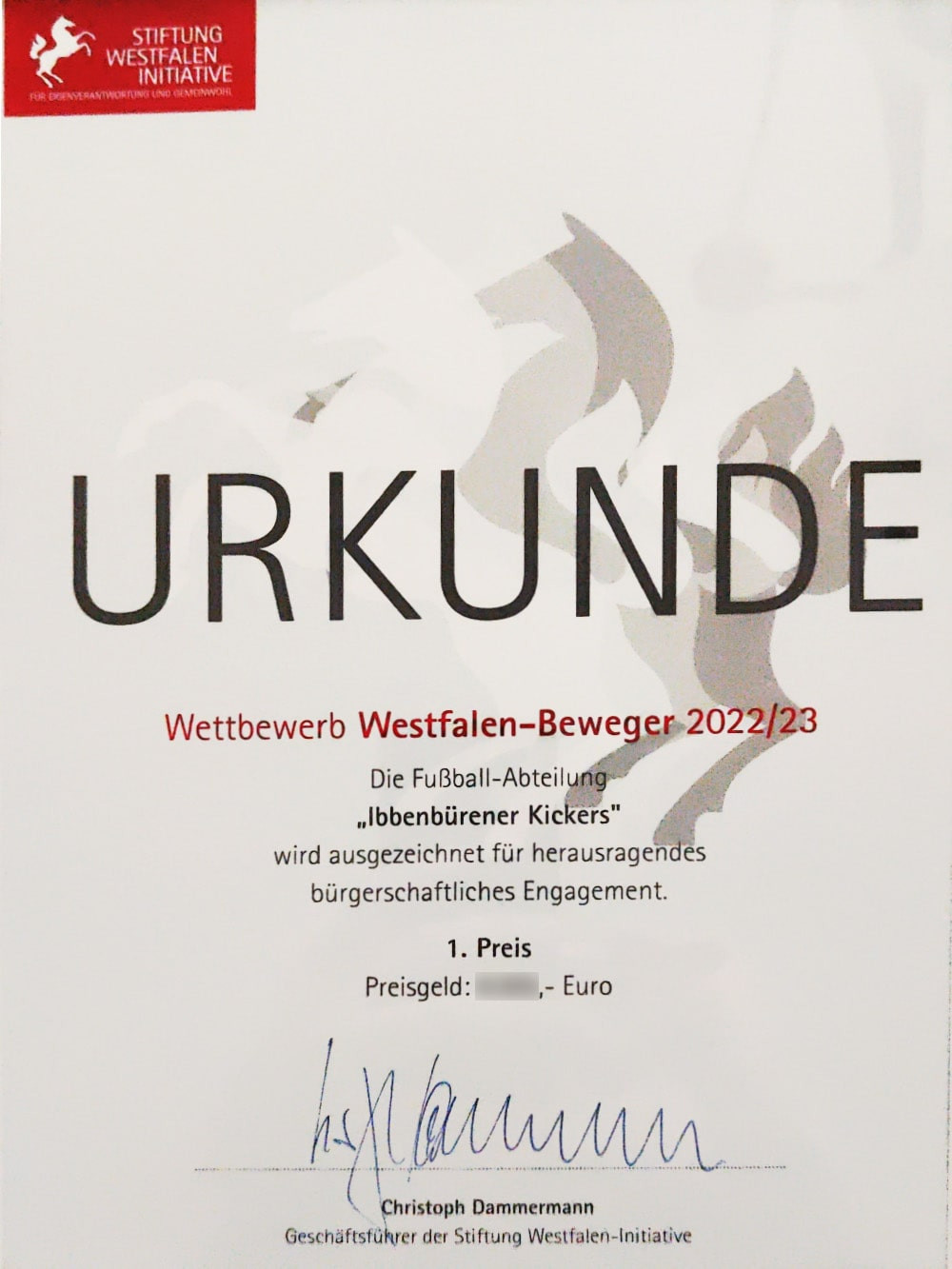 Abbildung zeigt: Die Urkunde des WestfalenBewegers Ibbenbürener Kickers 2023