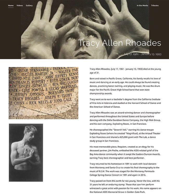 Tracy Allen Rhoades Memorial-Website Über-Seite