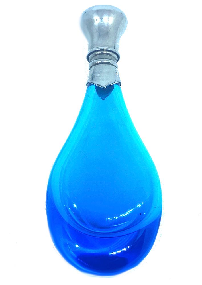 Vintage Azure Blue Glass Perfume Flask in Teardrop Form