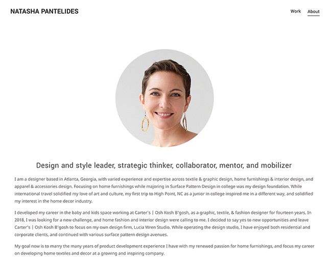 Página sobre mí de la diseñadora de interiores Natasha Pantalides