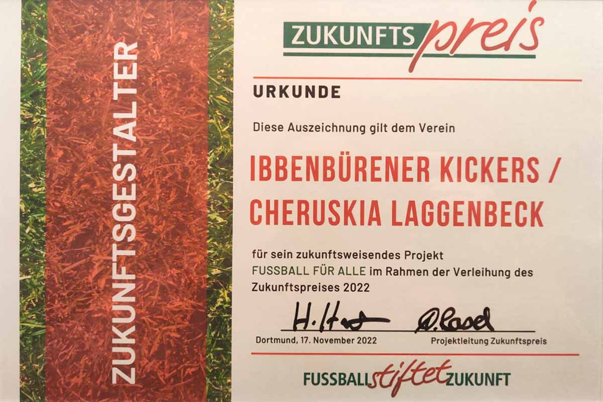 Urkunde des Zukunftspreises 2022 für Ibbenbürener Kickers