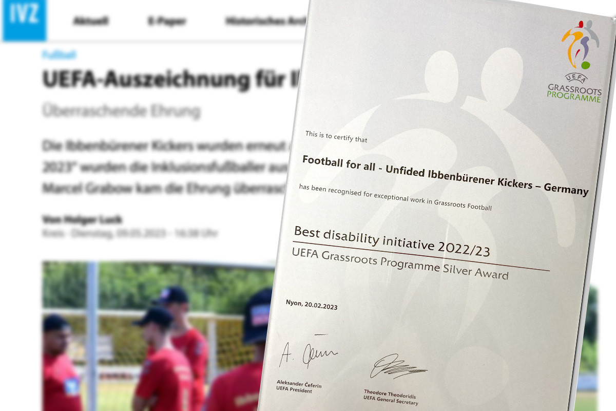 Die Ibbenbürener Kickers gewinnen Silber bei den UEFA Grassroots Awards 2023 in der Kategorie 'Best Disability Initiative'.