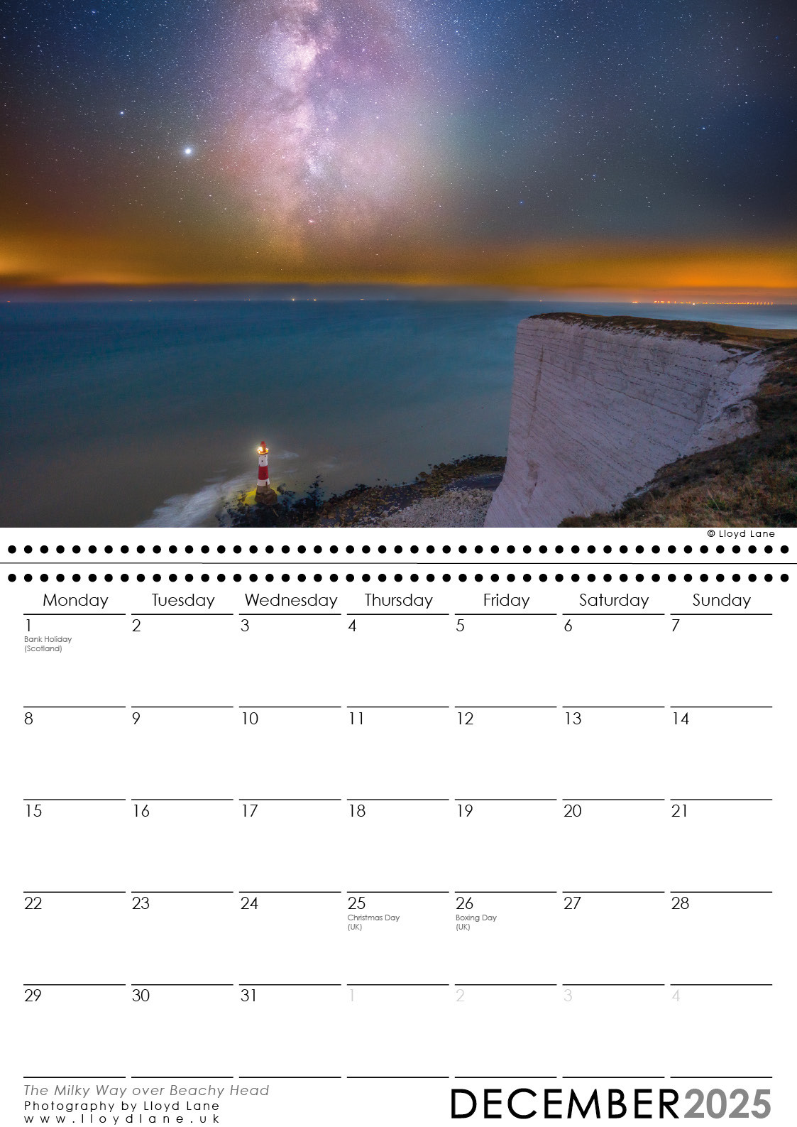 Sussex Calendar 2025 - Beachy Head under the Milky Way