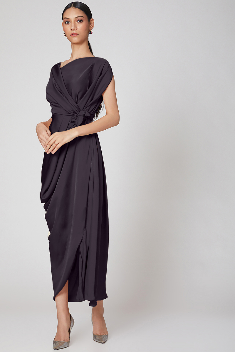 One shoulder draped sales gown