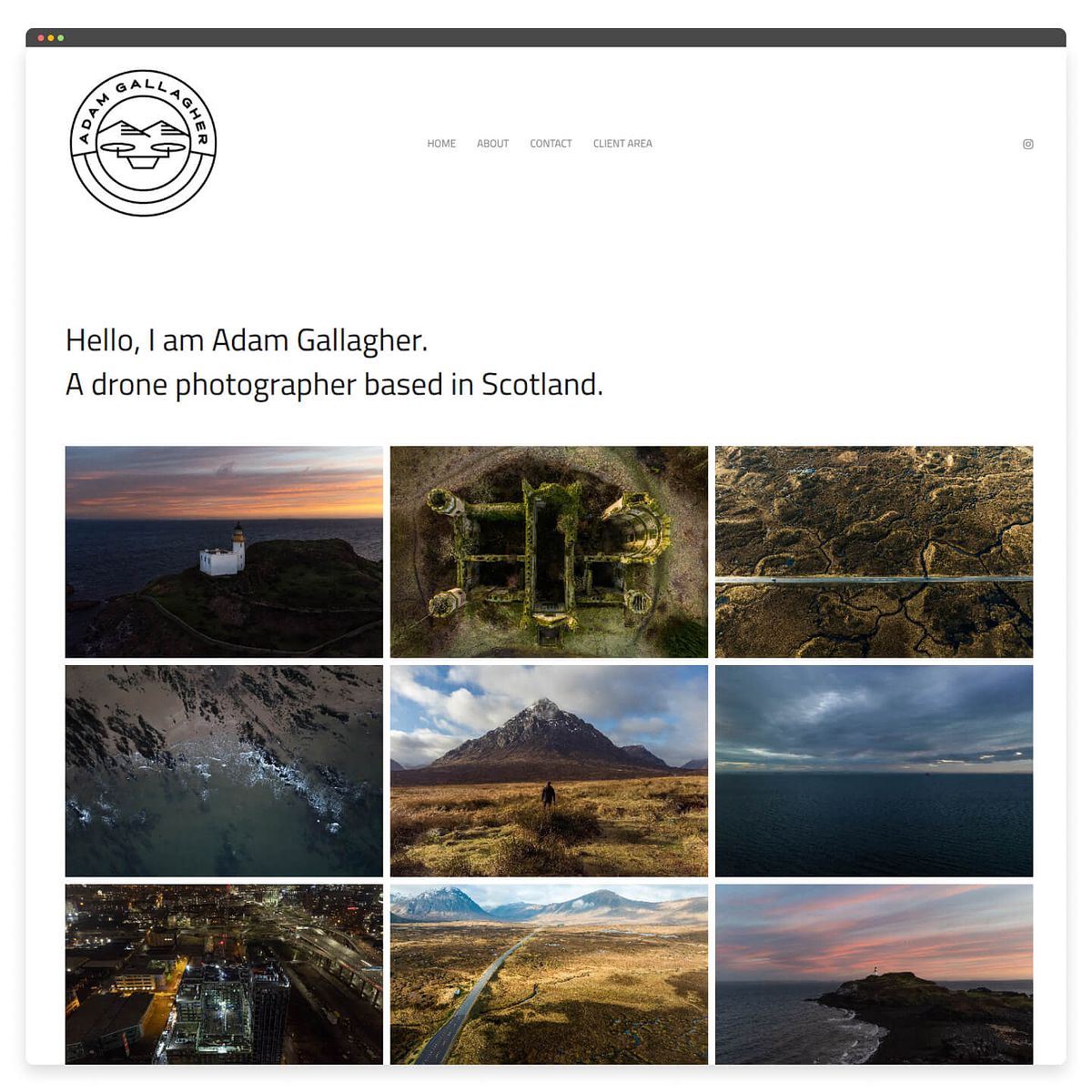 Progettazione del sito web di fotografia con drone di Adam Gallagher