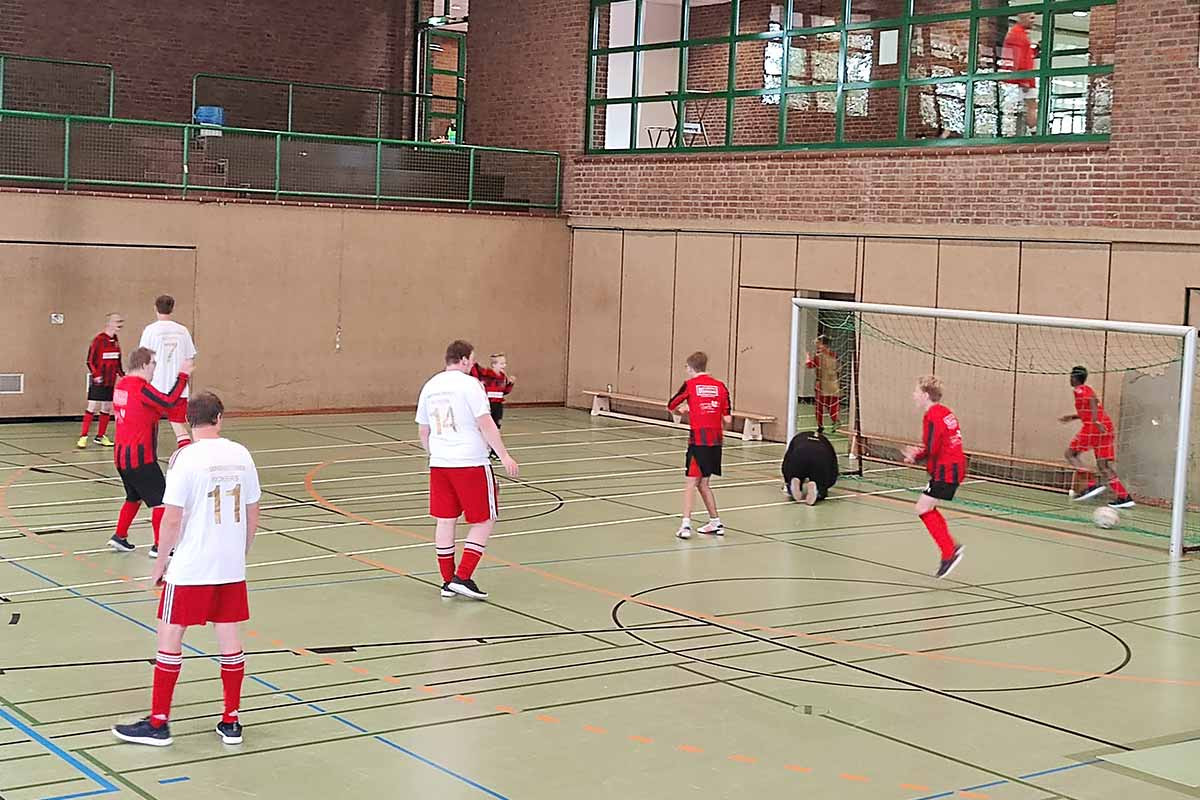 Bild von Mannschaften und Zuschauern in der Kreissporthalle bei einem Torjubel