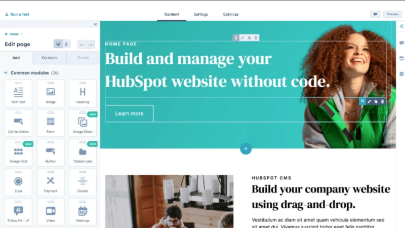 HubSpot WEbsite builder-dashboard