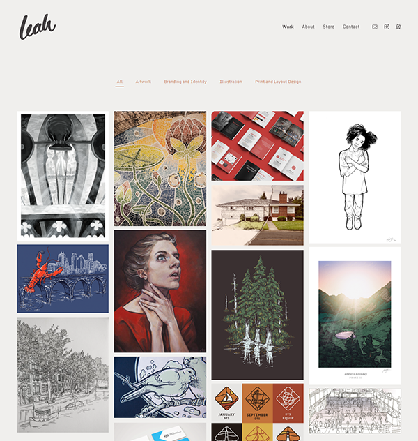 Leah Sands - Portfolio voor grafische ontwerpers Website waarop een online winkel is gebouwd pixpa