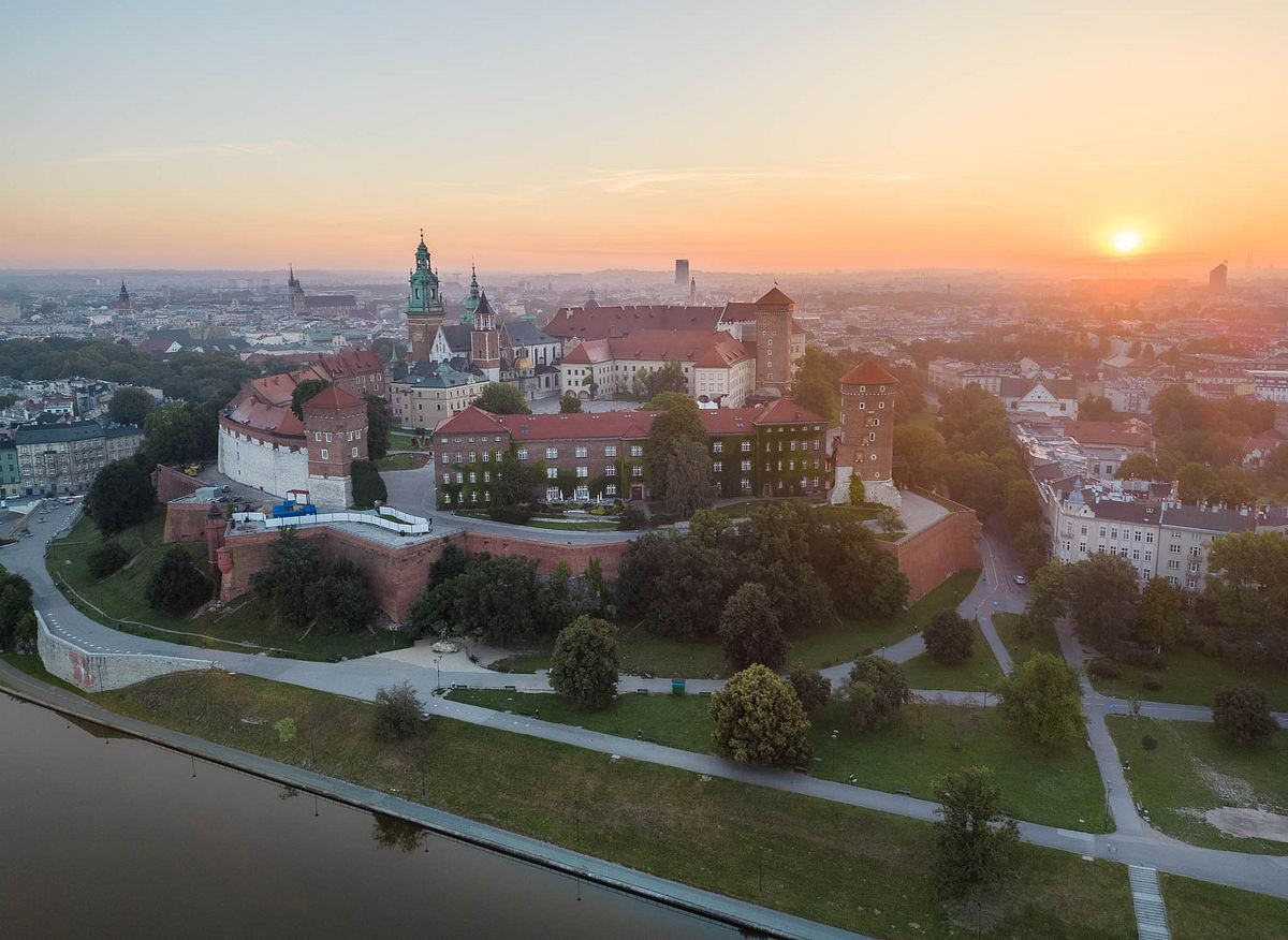 Krakow Castle shot at dawn from a drone