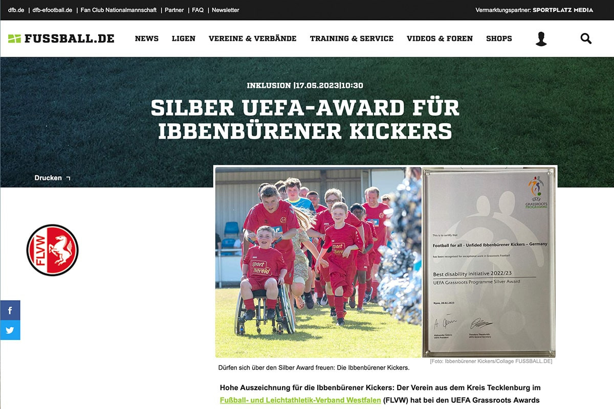 Die Ibbenbürener Kickers gewinnen Silber bei den UEFA Grassroots Awards 2023 in der Kategorie 'Beste Behinderten Initiative'.
