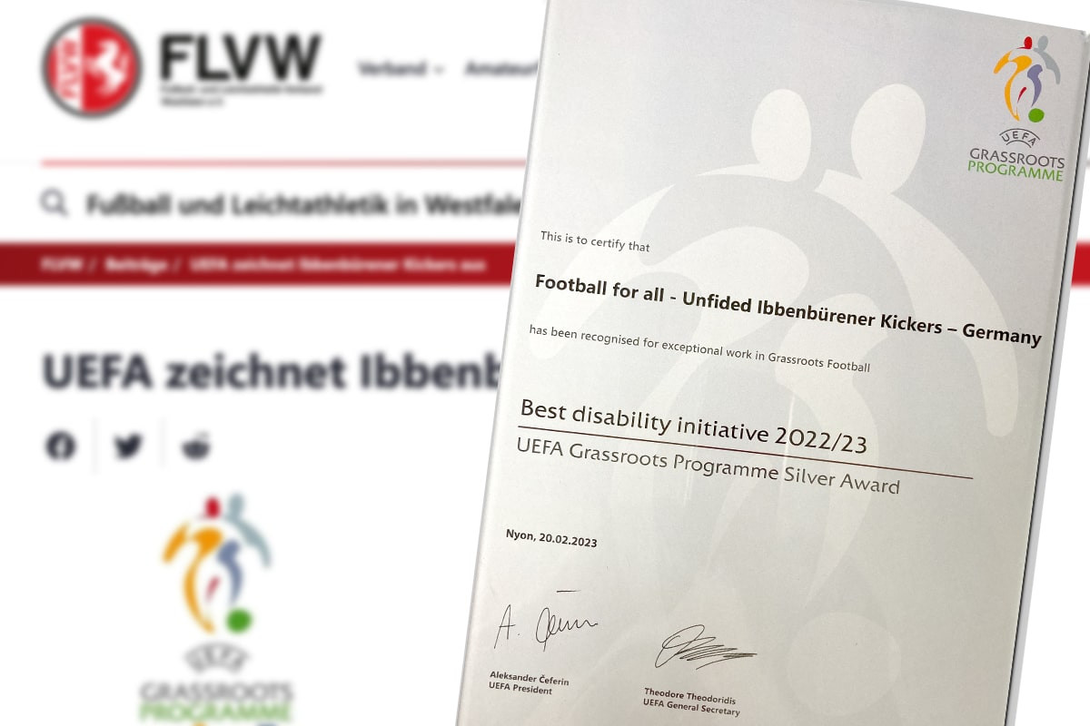 Die Ibbenbürener Kickers gewinnen Silber bei den UEFA Grassroots Awards 2023 in der Kategorie 'Beste Behinderten Initiative'.